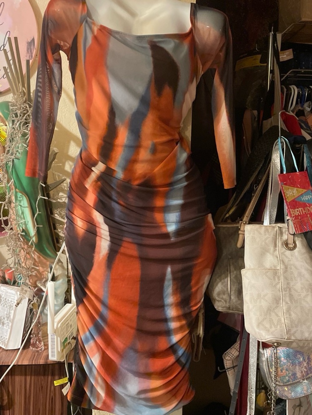 SHEIN Orange & Blue Abstract Ruched Midi Dress